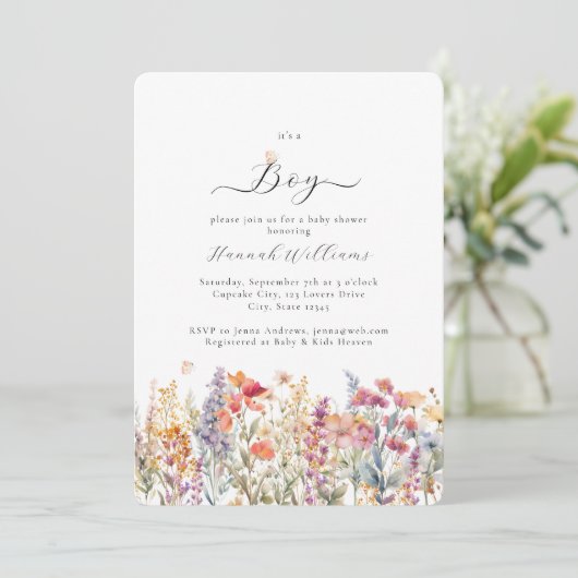Het is een jongen! Modern, Wildbloem, Baby shower Kaart (Staand voorkant)