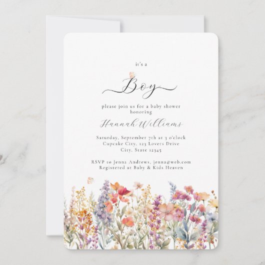 Het is een jongen! Modern, Wildbloem, Baby shower Kaart (Voorkant)