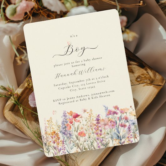 Het is een jongen! Modern, Wildbloem, Baby shower Kaart