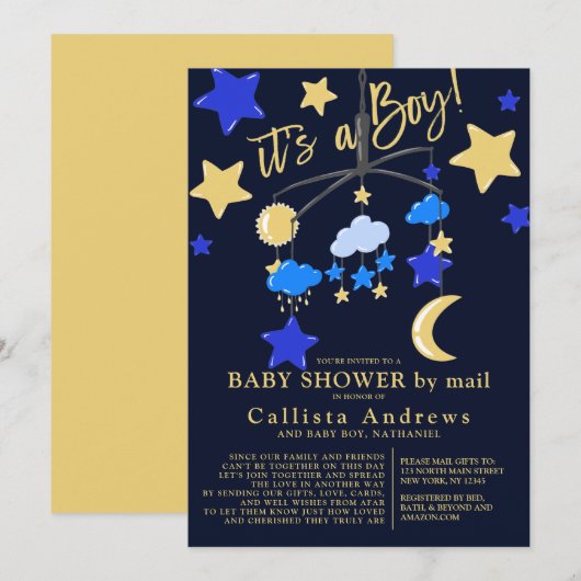 Het is een Jongen Moon Stars mobiel Baby shower pe Kaart (Voorkant / Achterkant)