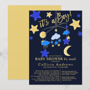 Het is een Jongen Moon Stars mobiel Baby shower pe Kaart
