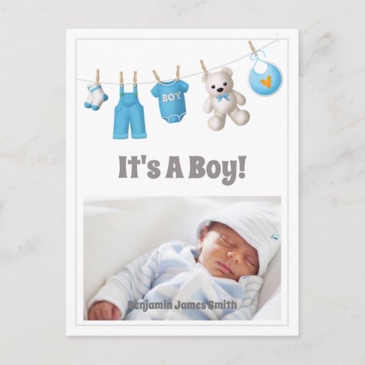 Het is een jongen! Nieuwe Baby – Blue Custom Photo Feestdagenkaart (Voorkant)