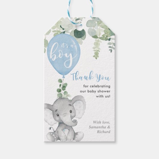 Het is een jongen olifant ballon baby shower gunst cadeaulabel (Voorkant)