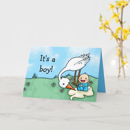 Het is een jongen ooievaar levering felicitatiekaa kaart (Gele Bloem)