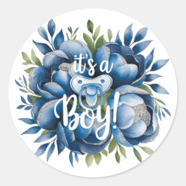 Het is een jongen! Painted Pacifier & Peonies Baby Ronde Sticker