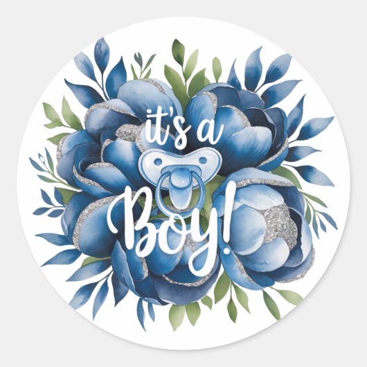 Het is een jongen! Painted Pacifier & Peonies Baby Ronde Sticker (Voorkant)