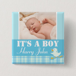 Het is een jongen pasgeboren foto en noem blauwe b vierkante button 5,1 cm
