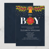 Het is een Jongen Poinsettia Bell-kerstBaby shower Kaart (Voorkant / Achterkant)