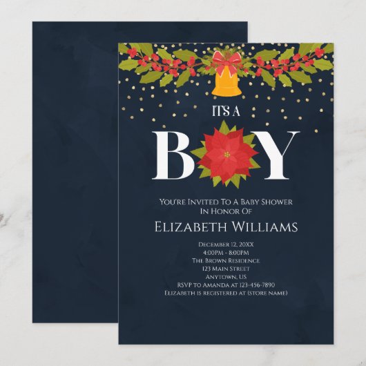 Het is een Jongen Poinsettia Bell-kerstBaby shower Kaart (Voorkant / Achterkant)