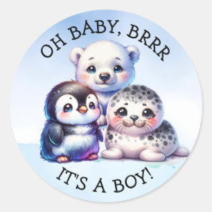 Het is een jongen   Polar Arctic Winter Baby showe Ronde Sticker