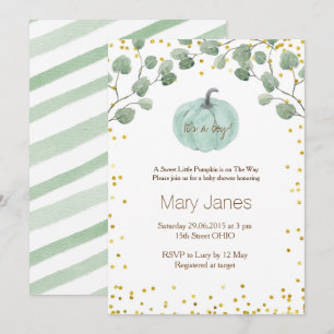 Het is een jongen pompoen baby shower waterverf kaart