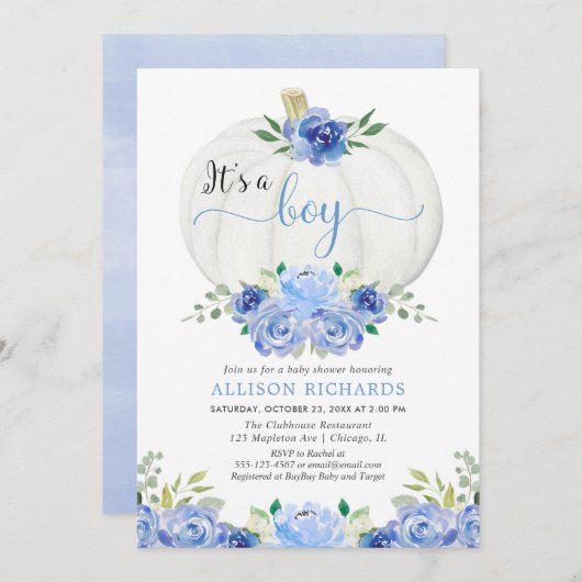 Het is een jongen pompoen blauw bloemenwit baby sh kaart (Voorkant / Achterkant)