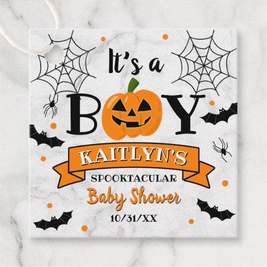 "Het is een jongen" pompoen Halloween Baby shower Bedankjes Labels (Voorkant)