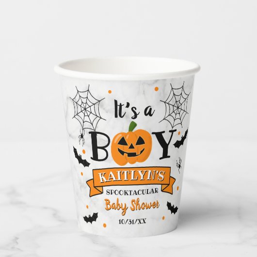 "Het is een jongen" pompoen Halloween Baby shower Papieren Bekers (Voorkant)
