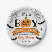 "Het is een jongen" pompoen Halloween Baby shower Papieren Bordje (Voorkant)