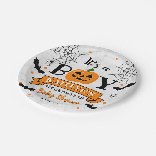 "Het is een jongen" pompoen Halloween Baby shower Papieren Bordje (Gekanteld)