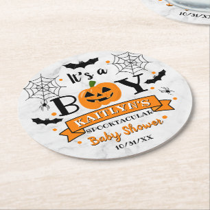 "Het is een jongen" pompoen Halloween Baby shower Ronde Kartonnen Onderzetter