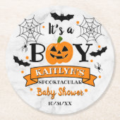 "Het is een jongen" pompoen Halloween Baby shower Ronde Kartonnen Onderzetter (Voorkant)