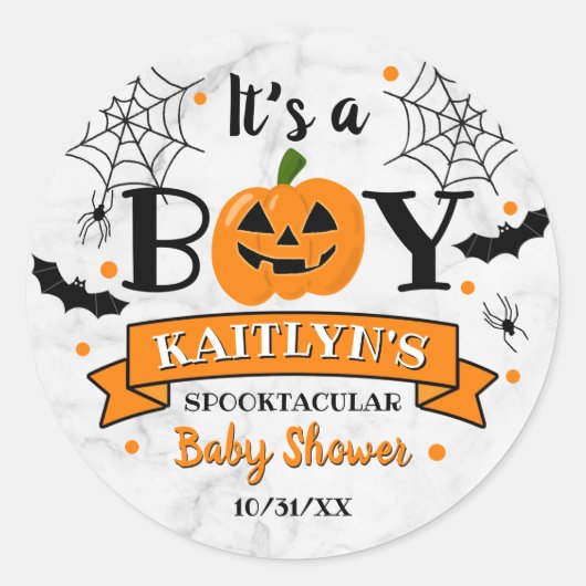 "Het is een jongen" pompoen Halloween Baby shower Ronde Sticker (Voorkant)