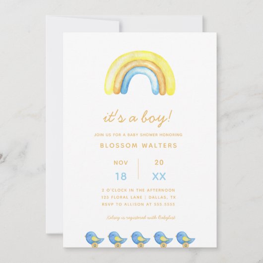 Het is een jongen regenboog baby shower kaart (Voorkant)
