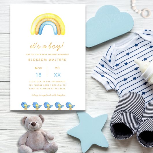 Het is een jongen regenboog baby shower kaart