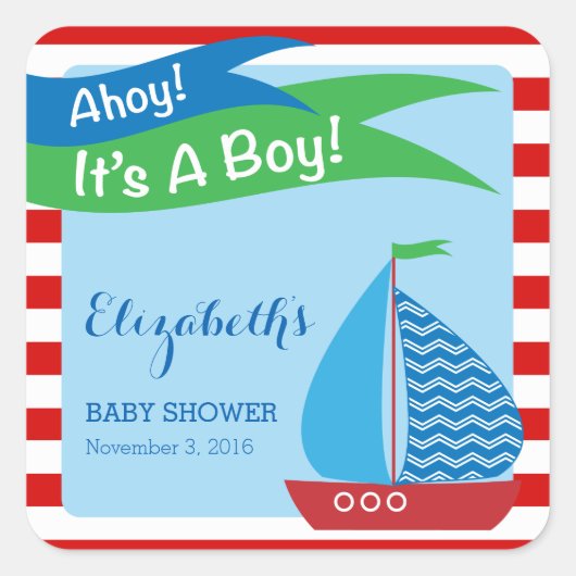 Het is een jongen, rood nautisch Baby shower Vierkante Sticker (Voorkant)