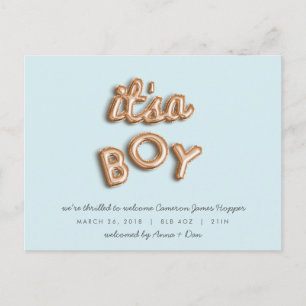 Het is een jongen! Roos goud/BULE briefkaart. Aankondigingskaart
