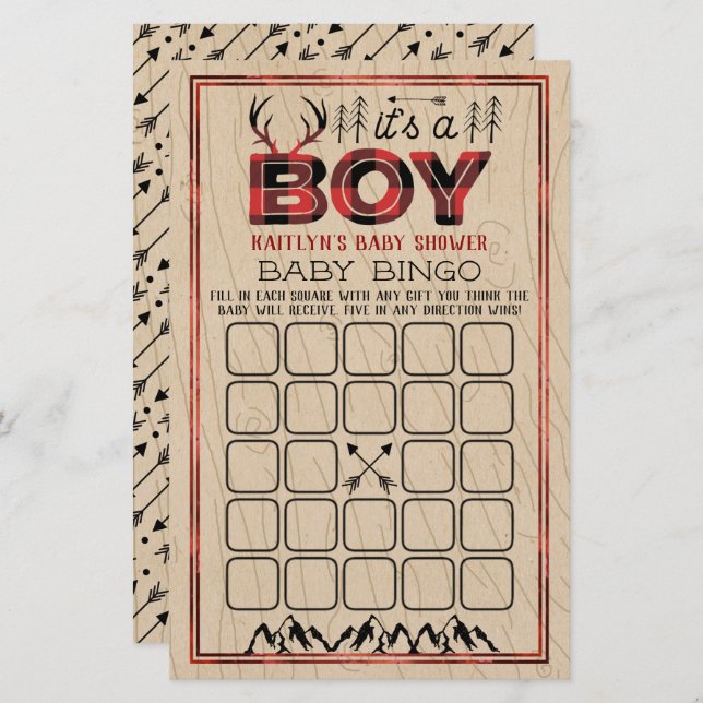 Het is een jongen! Rustic Geploade Baby Bingo (Voorkant / Achterkant)