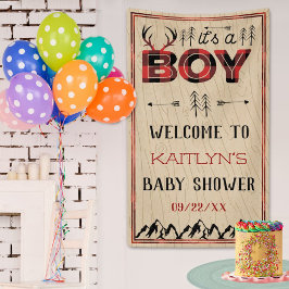 Het is een jongen! Rustic plaid houthakkers baby s Spandoek