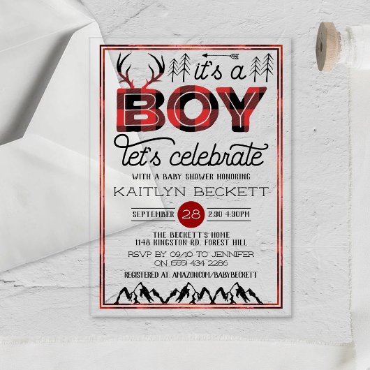 Het is een jongen! Rustic Play Lumberjack Baby sho Acryl Uitnodigingen