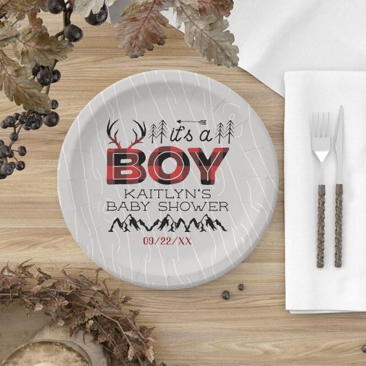 Het is een jongen! Rustic Play Lumberjack Baby sho Papieren Bordje