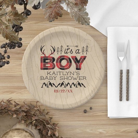 Het is een jongen! Rustic Play Lumberjack Baby sho Papieren Bordje