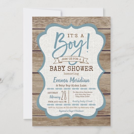 Het is een jongen! Rustic Wood Baby shower Uitnodi Kaart (Voorkant)