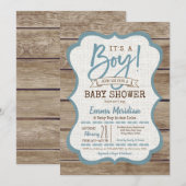 Het is een jongen! Rustic Wood Baby shower Uitnodi Kaart (Voorkant / Achterkant)