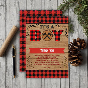 Het is een jongen Rustic Wood Plaid Baby shower Bedankkaart