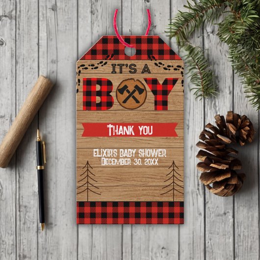 Het is een jongen Rustic Wood Plaid Baby shower Cadeaulabel