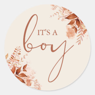 Het is een jongen Rustieke herfst baby shower favo Ronde Sticker