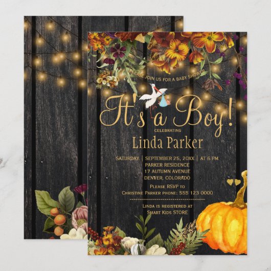 Het is een jongen rustieke herfst pompoen baby jon kaart (Voorkant / Achterkant)