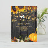 Het is een jongen rustieke herfst zonnebloem baby kaart (Staand voorkant)