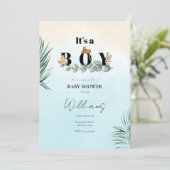 Het is een jongen safari dier baby shower kaart (Staand voorkant)