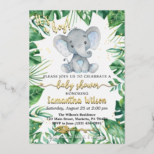 Het is een Jongen Safari Elephant Baby shower Echt Folie Uitnodiging (Voorkant)