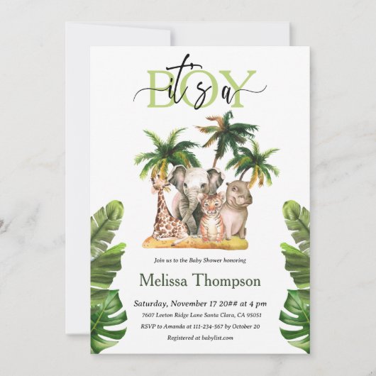 Het is een jongen Safari Wild Animal Tropisch Baby Kaart (Voorkant)