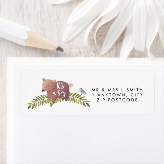 Het is een jongen schattig beer retour adres label (Insitu)