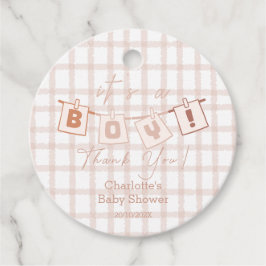 Het is een jongen! Schattige Brown Gingham Notedry Bedankjes Labels