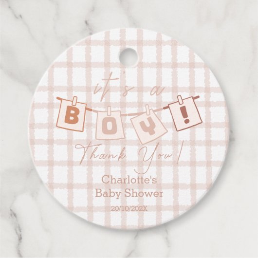 Het is een jongen! Schattige Brown Gingham Notedry Bedankjes Labels (Voorkant)