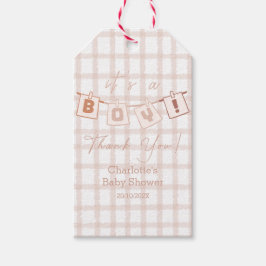 Het is een jongen! Schattige Brown Gingham Notedry Cadeaulabel