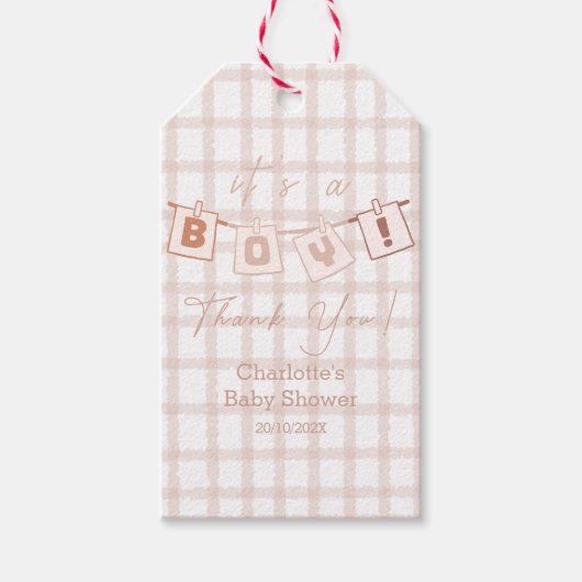 Het is een jongen! Schattige Brown Gingham Notedry Cadeaulabel (Voorkant)