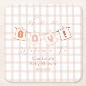 Het is een jongen! Schattige Brown Gingham Notedry Kartonnen Onderzetters (Voorkant)