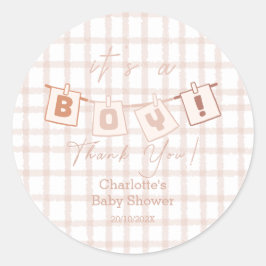 Het is een jongen! Schattige Brown Gingham Notedry Ronde Sticker