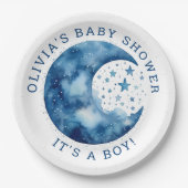 Het is een jongen. Schattige grillig blauw maan ba Papieren Bordje (Voorkant)